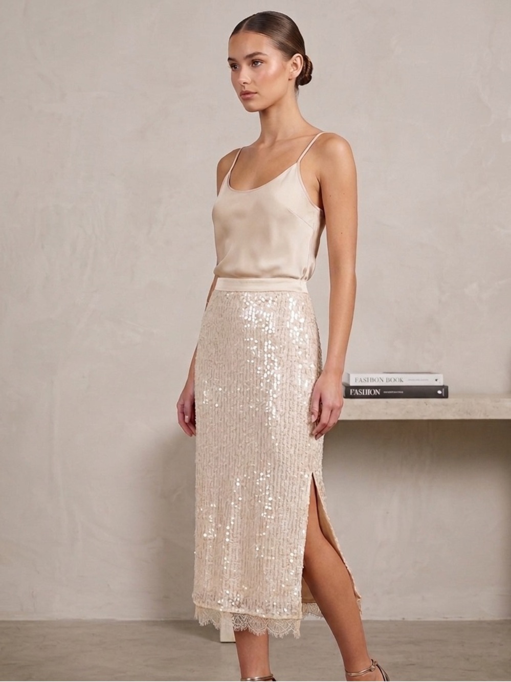 Future Collective Sequin Midi Skirt Side Slit Lace Hem Champagne Women’s XXS
